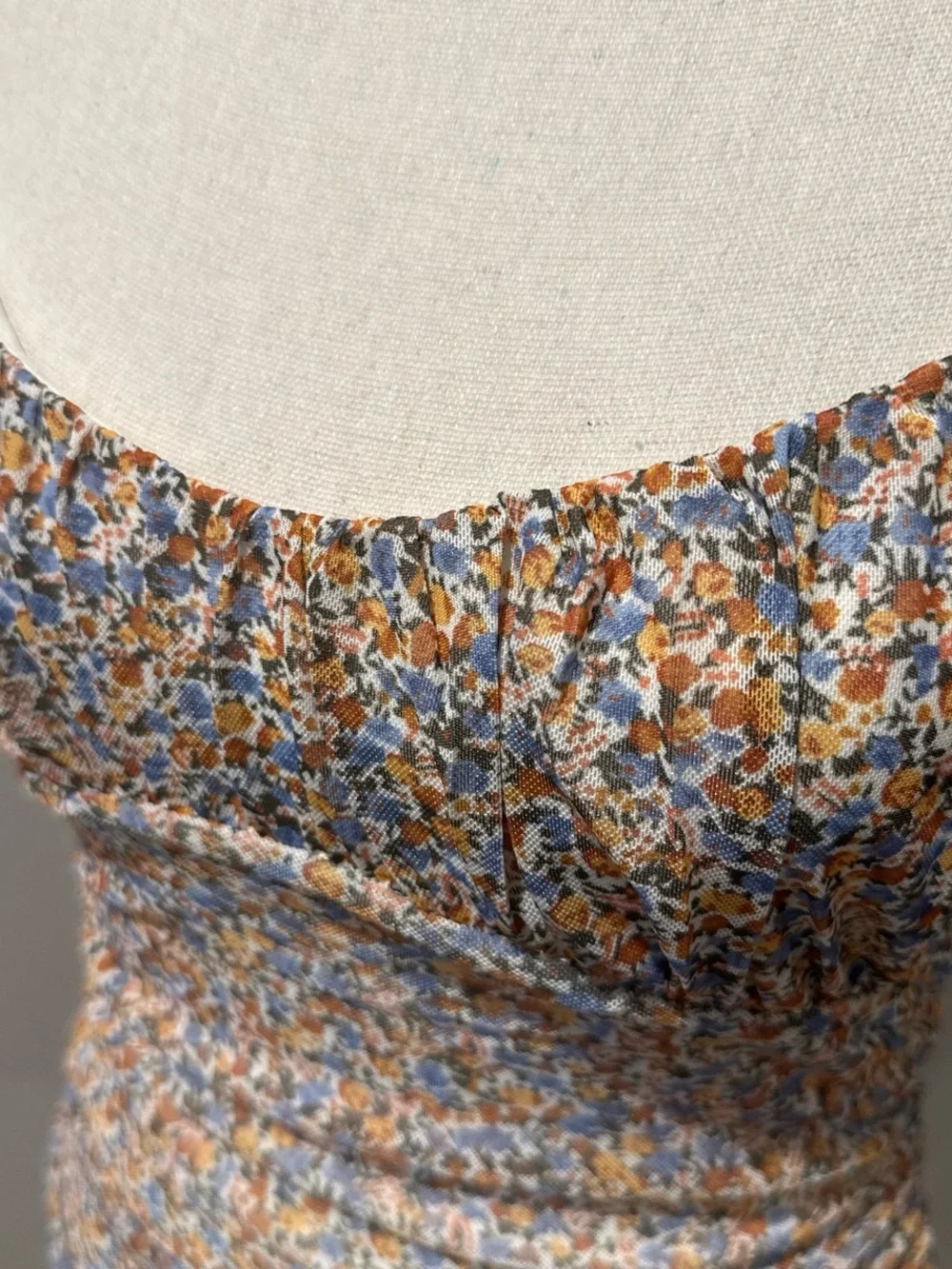 Garage Floral Ruched Cami Mini Dress in Blue, Mustard & Cream